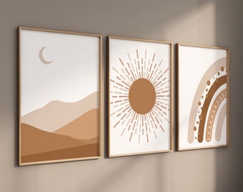Boho Nursery Print Set: Earth Tone Rainbow, Sun, Moon Art