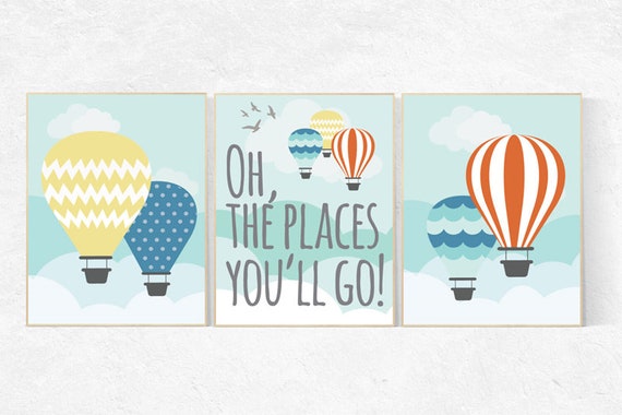 Oh the places you will go nursery, hot air balloon nursery, set of 3 prints, Baby decor nursery art, oh the places you will go wall art gift