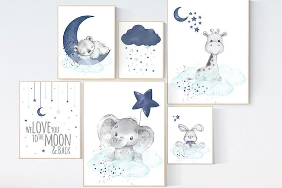 Nursery decor boy elephant, giraffe, boy nursery decor, moon and stars, navy teal nursery, boy nursery, we love you to the moon and back