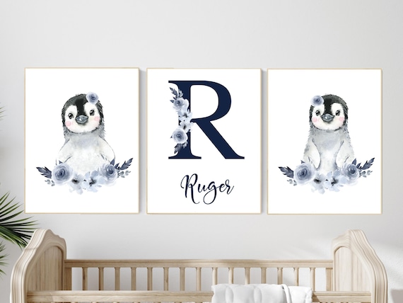 Penguin Nursery Wall Art Set of 3, Personalized Name Print