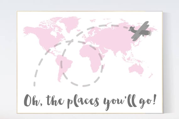 Pink nursery decor, world map nursery, Oh the places you'll go, World Map wall art, travel nursery decor,nursery decor girls, pink gray