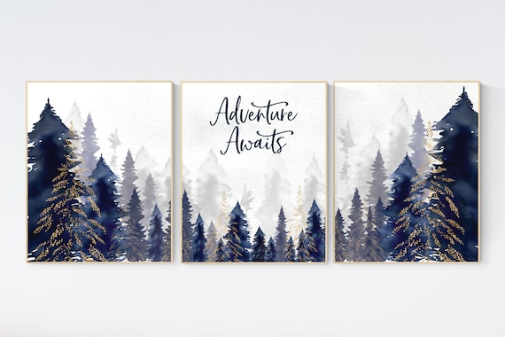 Woodland Nursery Decor, Baby Boy Nursery, Mountain Nursery, Adventure Awaits Print, Nursery decor boy, woodland nursery, navy gold