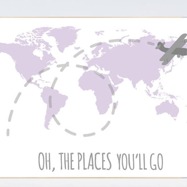Lilac World Map Nursery Decor: Travel Theme Art Print