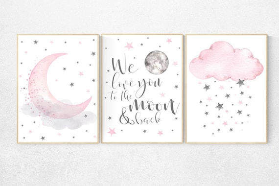 Girls room decor, Nursery decor girl pink and gray, nursery decor girl pink, we love you to the moon and back, cloud and stars, moon nursery