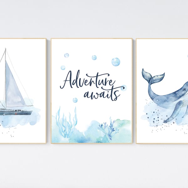 Ocean Nursery Print Set: Watercolor Whale, Sailboat, Adventure Awaits