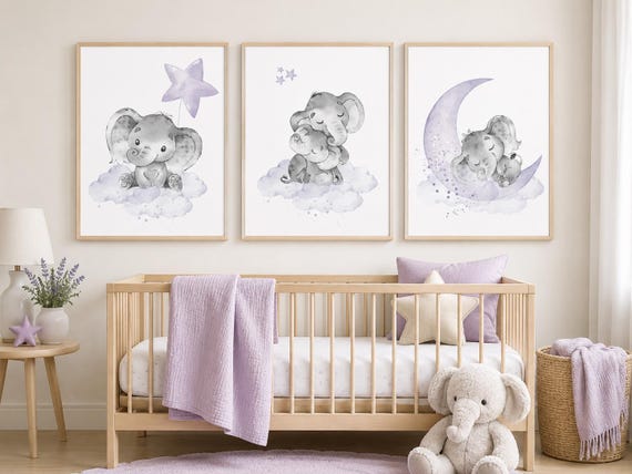 Elephant Nursery Prints: Purple Moon, Stars, Girl Room Decor