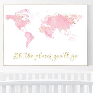 Nursery decor pink gold, girl room decor, world map print nursery, world map print watercolor, nursery wall art, pink and gold image 1