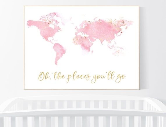 Nursery decor pink gold, girl room decor, world map print nursery, world map print watercolor, nursery wall art, pink and gold