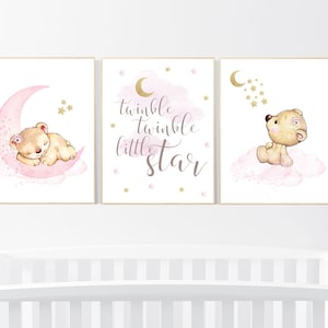 Nursery decor girl, bear nursery decor, twinkle twinkle little star, girl wall art, nursery wall art girl nursery pink gold, nursery art