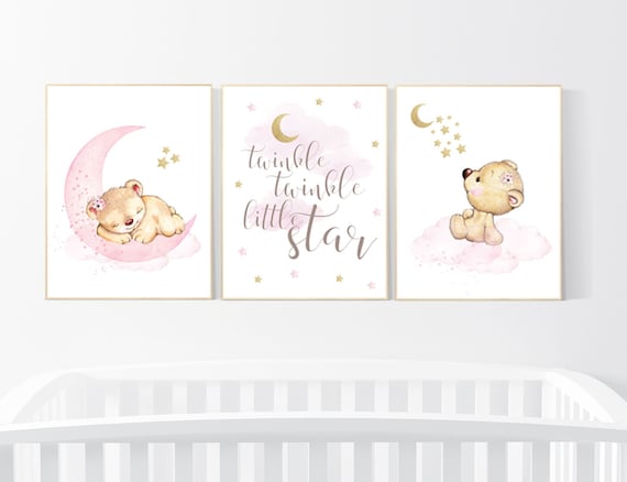 Nursery decor girl, bear nursery decor, twinkle twinkle little star, girl wall art, nursery wall art girl nursery pink gold, nursery art