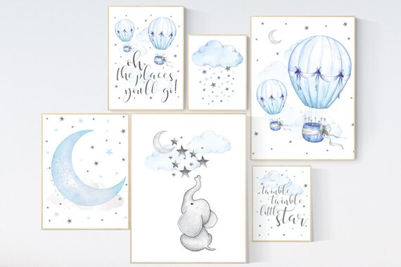 Nursery decor boy elephant, blue and gray nursery, hot air balloon, twinkle twinkle little star, boys room decor, oh the places you'll go