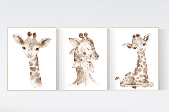 Nursery decor giraffe, giraffe nursery, gender neutral nursery, baby room wall art, woodland animals, giraffe prints, mom and baby giraffe