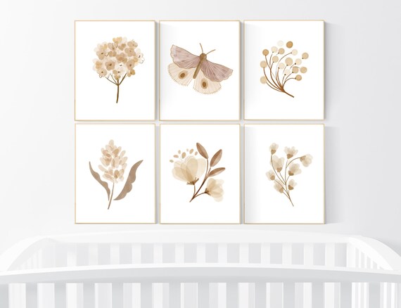 Nursery decor boho, nursery decor girl boho, neutral nursery, Boho Butterfly Floral Set, Butterfly Nursery Wall Art, Neutral colors