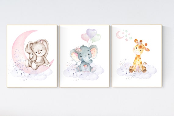 Nursery wall art girl elephant, giraffe, bunny, pink, purple, and gold nursery, cloud and stars, baby room decor, baby girl