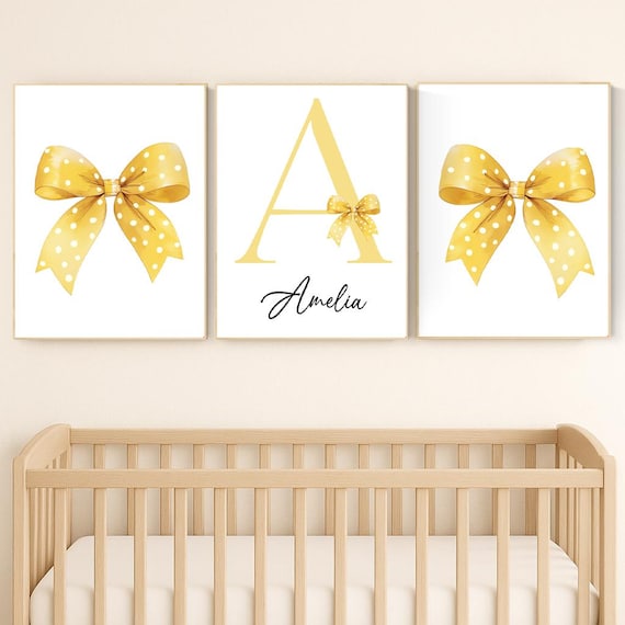 Yellow Bow Nursery Wall Art - Personalized Name & Initial - Baby Girl Room Decor - Polka Dot Bow Prints - Custom Nursery Set