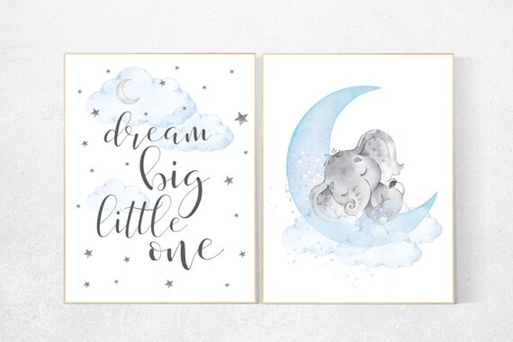 Nursery decor boy elephant, nursery wall art elephant, baby room decor boy, cloud and stars, Elephant Nursery Art, dream big little one