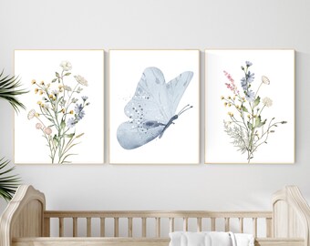 Blue Butterfly Wildflower Nursery Print: Watercolor Botanical Art