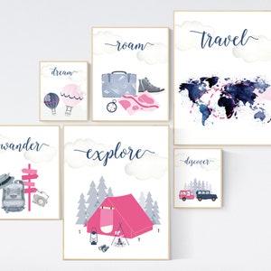 Impressão de berçário de viagem, Explore arte de parede de berçário, berçário de acampamento, Conjunto de aventura de 6 impressões, Impressões de acampamento, marinho e rosa, berçário de floresta