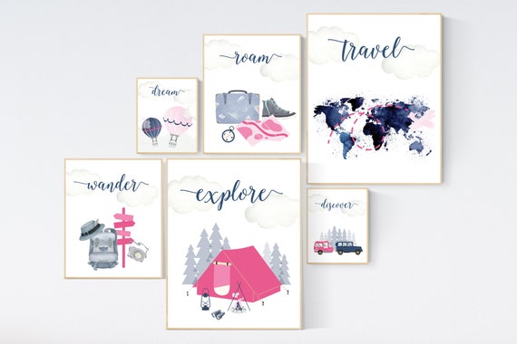 Travel nursery print, Explore nursery wall art, camp nursery, Adventure Set of 6 prints, Camping Prints, navy and pink, woodland nursery