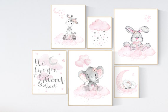 Nursery decor girl, Animal nursery, elephant, bunny, giraffe, sheep, Pink nursery, animal prints, pink and gray, girl nursery decor