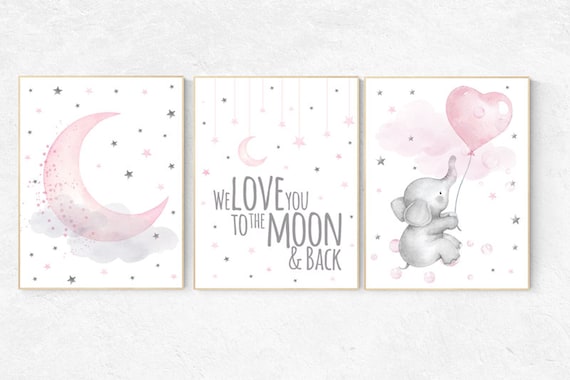 Elephant nursery wall art, Nursery decor girl, nursery decor girl pink, pink nursery, we love you to the moon and back, cloud and stars