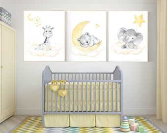 Yellow Gray Nursery Prints: Elephant, Giraffe, Bear Wall Art