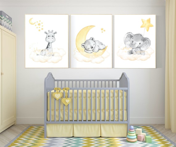 Nursery decor yellow grey, gender neutral nursery wall art, elephant, giraffe, bear, yellow gray, grey, yellow nursery, animal prints