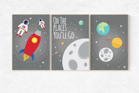 Space nursery decor, gray nursery decor, outer space nursery wall art, Oh the places you'll go, nursery set, space themed nursery, grey,