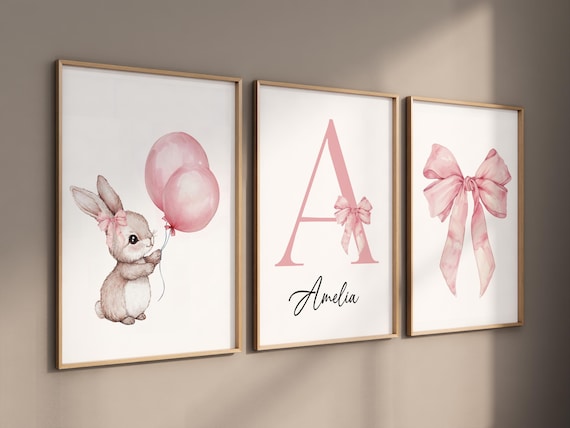 Personalized bunny nursery art, custom baby name print, pink balloon nursery decor, pastel bow baby room print, watercolor rabbit art