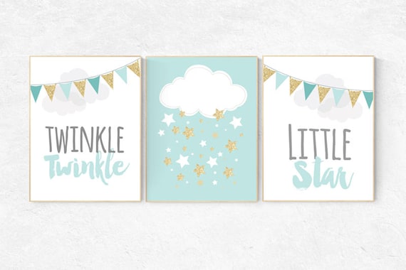 Twinkle Twinkle Little Star, Mint gold nursery decor, elephant nursery, cloud nursery, gender neutral baby, Mint and gold nursery room