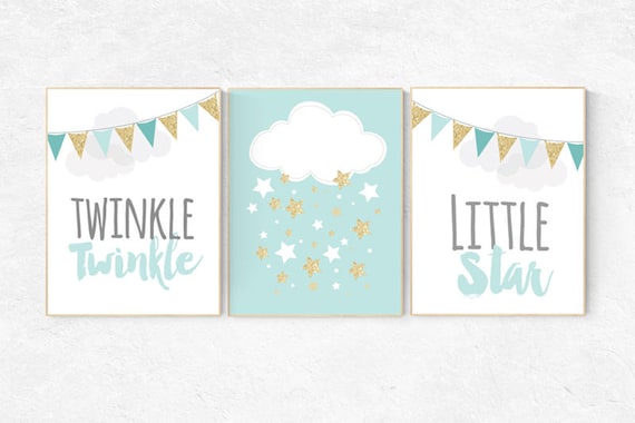 Twinkle Twinkle Little Star, Mint gold nursery decor, elephant nursery, cloud nursery, gender neutral baby, Mint and gold nursery room