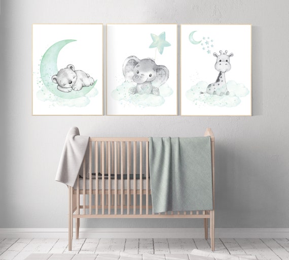 Nursery wall art animals, Nursery wall art mint and gray, baby room decor mint and gray, woodland, jungle, elephant, giraffe, bear, prints