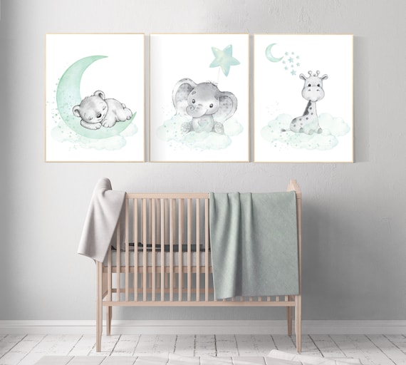 Nursery wall art animals, Nursery wall art mint and gray, baby room decor mint and gray, woodland, jungle, elephant, giraffe, bear, prints