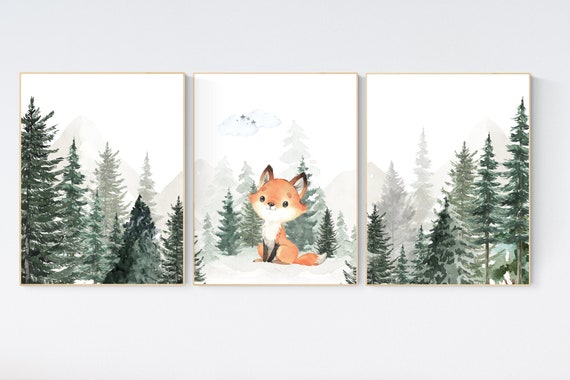 Nursery decor mountain, nursery wall art, tree nursery decor, adventure theme nursery, forest, sage green, beige, woodland animals