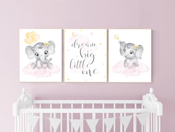 Nursery decor girl, pink and yellow, Elephant nursery, nursery wall art elephant, girl nursery decor, girl nursery, pink yellow