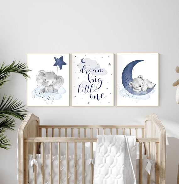 Nursery decor elephant and  bear, animal nursery prints, navy nursery, navy blue nursery, baby room wall decor, dream big little one
