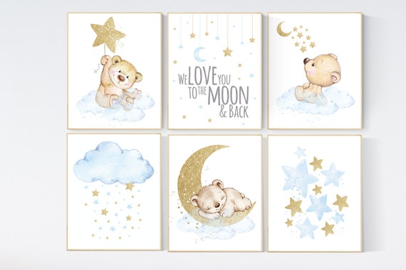 Nursery decor boy bear, boys nursery prints. nursery decor boy ideas, nursery art ideas, baby blue and gold, nursery wall art, blue gold