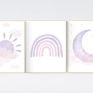 Nursery prints rainbow, pink purple, girl nursery, Nursery decor girl, nursery wall art, pink and purple, rainbow, moon, star, cloud