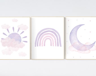 Nursery prints rainbow, pink purple, girl nursery, Nursery decor girl, nursery wall art, pink and purple, rainbow, moon, star, cloud