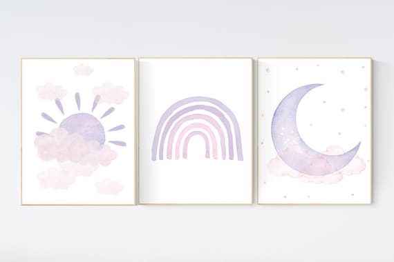 Nursery prints rainbow, pink purple, girl nursery, Nursery decor girl, nursery wall art, pink and purple, rainbow, moon, star, cloud