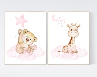 Pink Nursery Prints: Teddy Bear, Giraffe, Baby Girl Decor