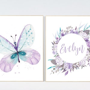 Nursery decor girl purple, nursery decor girl name, butterfly nursery wall art, lavender nursery, lilac nursery, girls room decor purple
