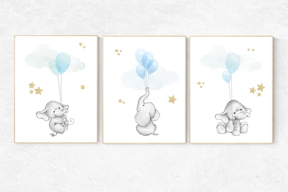 Animal nursery prints, safari nursery decor, blue gold nursery, Safari Nursery, Baby Animal Print set, baby animal art, elephant nursery