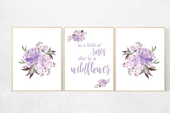 Purple flower nursery decor, Nursery decor girl purple, in a field of roses she is a wildflower, lavender nursery, lilac nursery, girls room