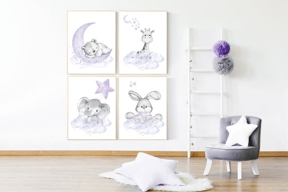 Nursery decor girl woodland, purple nursery, lilac, elephant, bear, giraffe, bunny, animal nursery, lilac nursery, animal nursery prints