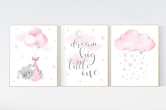 Nursery decor girl, elephant nursery wall art, nursery prints elephant, pink gray, nursery prints elephants, dream big little one