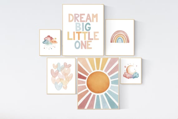 Nursery Wall Art Set: Rainbow, Sun, Moon, Cloud Prints