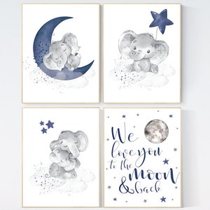 Nursery decor boy elephant, navy nursery decor, we love you to the moon and back, moon and stars, navy blue nursery art, elephant nursery