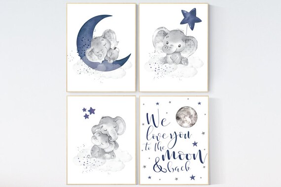 Nursery decor boy elephant, navy nursery decor, we love you to the moon and back, moon and stars, navy blue nursery art, elephant nursery