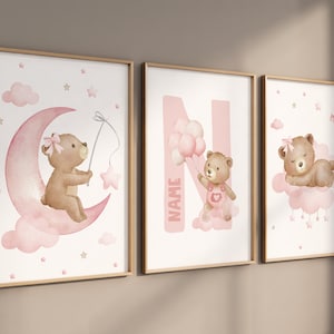 Decoración de vivero arte de pared de niña, impresión de vivero de osos, arte de vivero rosa, arte de pared de vivero de osos, osito de peluche, arte de pared de vivero, vivero con estampado de osos